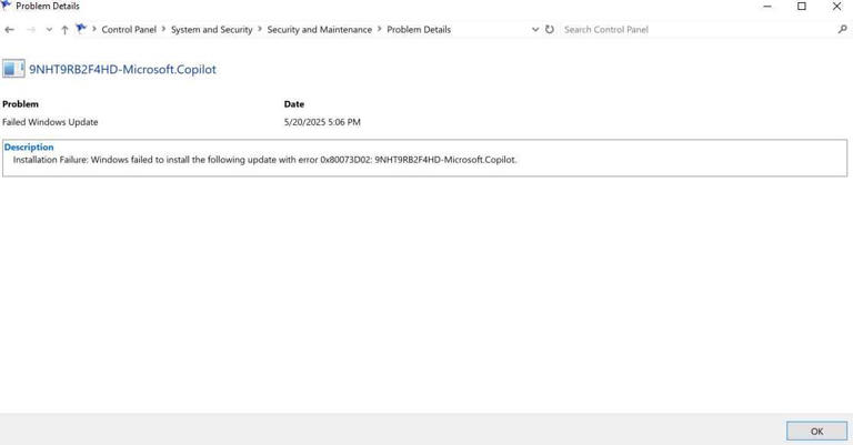 A Windows dialog box with the technical details of a warning event from a software failure.