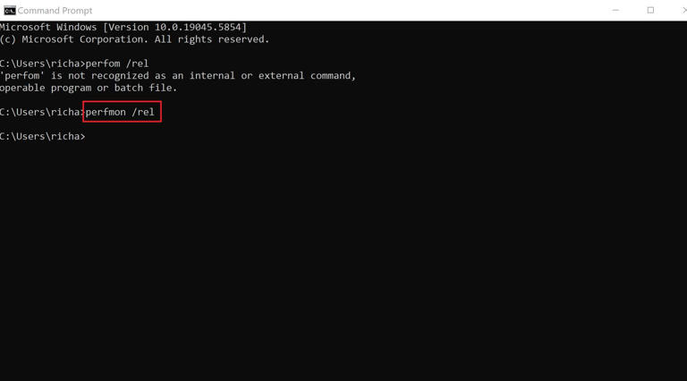 Using the Command Prompt to access the Windows Reliability Monitor.