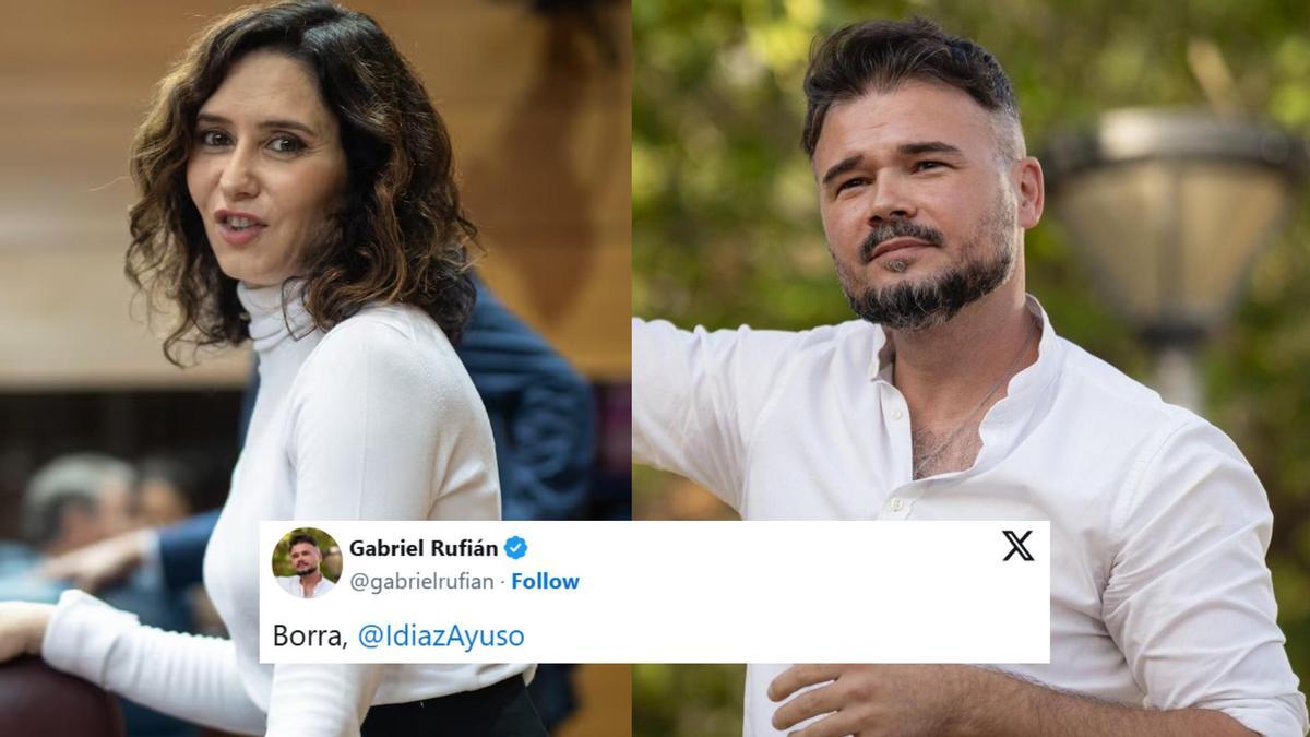 Rufián retrata a Ayuso tras sus palabras hacia el catalán y le recuerda su  pasado: 'Bórralo'