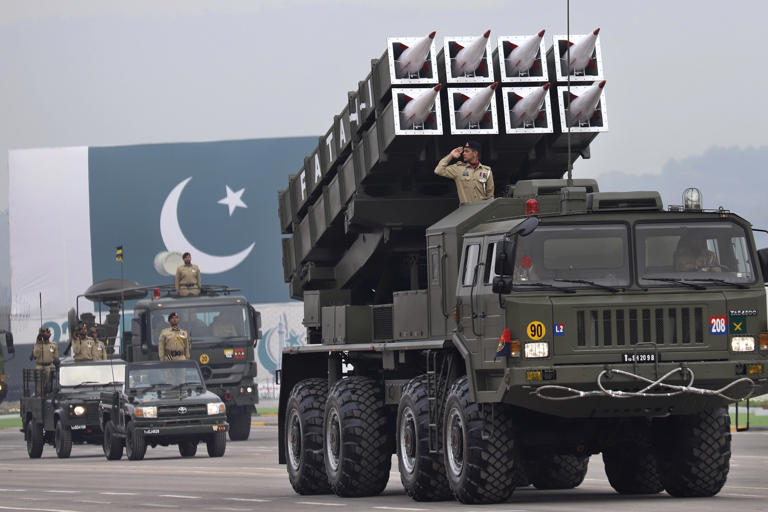 Pakistan-made surface-to-surface missiles Fatah-I and launcher are displayed during a military parade to mark Pakistan National Day in Islamabad, Pakistan, Saturday, March 23, 2024. Pakistanis celebrated their National Day with a military parade that's showcasing nation's elite army units and high-tech weaponry, including short, medium, and long-range missiles, tanks, fighter jets and other hardware. AP Photo