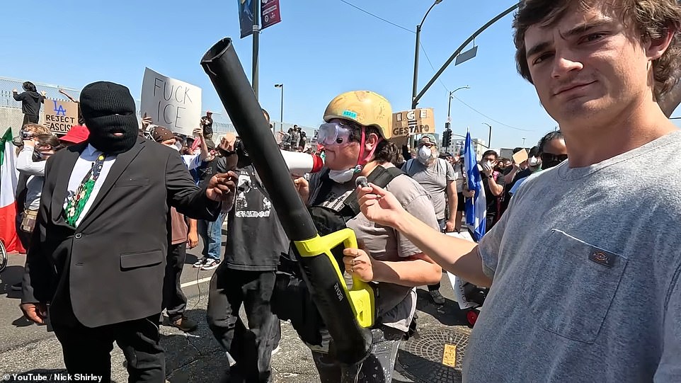 LA protesters mock individual dressed in makeshift tactical gear
