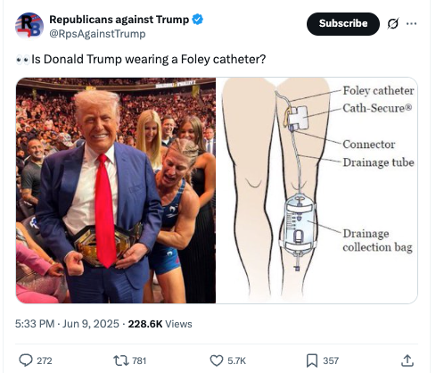 The group Republicans Against Trump shared a photo on X of the president at Saturday’s UFC 316 in New Jersey. “Is Donald Trump wearing a Foley catheter?” the account said. (@RpsAgainstTrump/X)