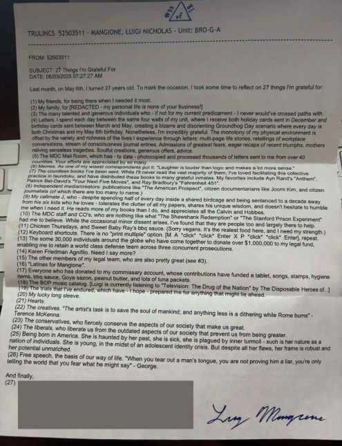 Luigi Mangione: 27 Items of Gratitude from Jail at Age 27
