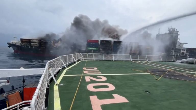 Water jets were still being used on Wednesday to tackle the blaze. Pic: Indian Coast Guard