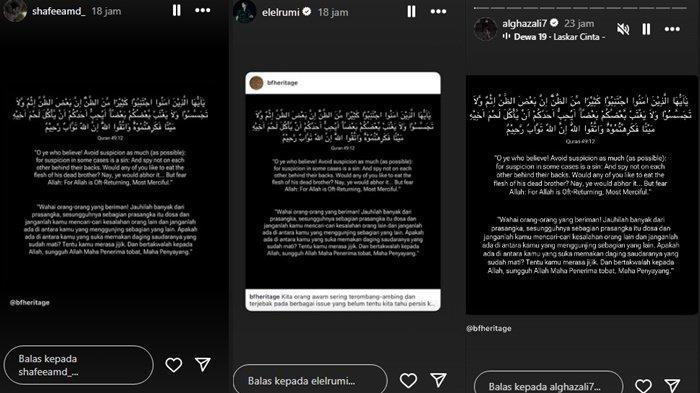 POSTINGAN ANAK AHMAD DHANI- Keluarga Ahmad Dhani kompak mengunggah kutipan ayat Al-Qur'an di Instagram story mereka di tengah ramainya hujatan terhadap Mulan Jameela di hari pernikahan Al Ghazali. (IG/ELRUMI/ALGHAZALI/shafeeamd_)