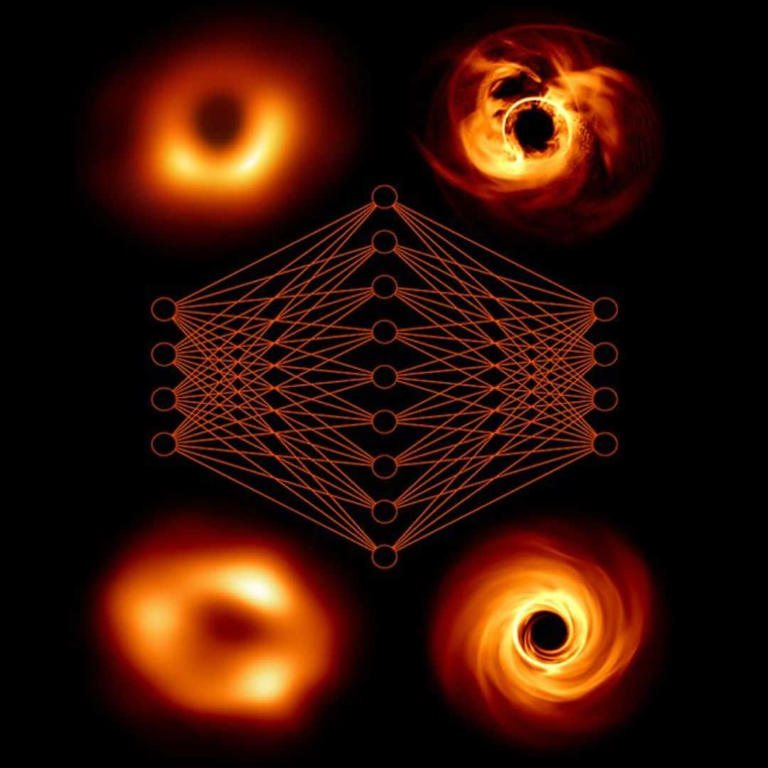 An artist’s illustration shows a neural network linking black hole simulations (right) with actual telescope observations (left). (Image; EHT)