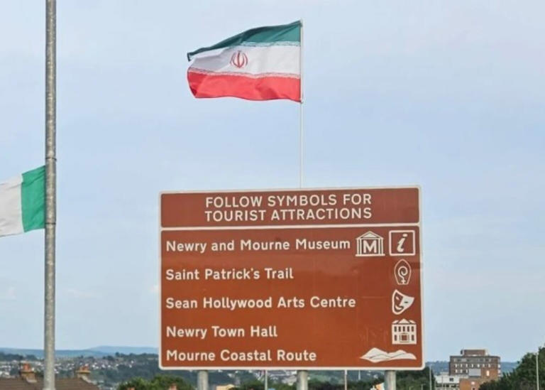 Iran flag in Newry slammed as ‘stunt’ as dissident-linked group says it