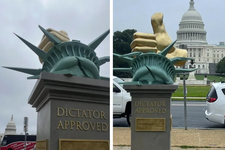 独裁者認定？】ワシントンに”トランプ風刺像”が出現、自由の女神を圧迫