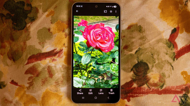 a Samsung Galaxy phone on a pillow displaying a picture of a rose in Google Photos
