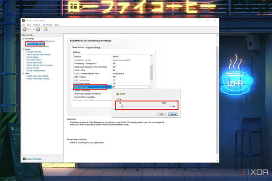 Screenshot of Nvidia Control Panel showing max frame rate settings