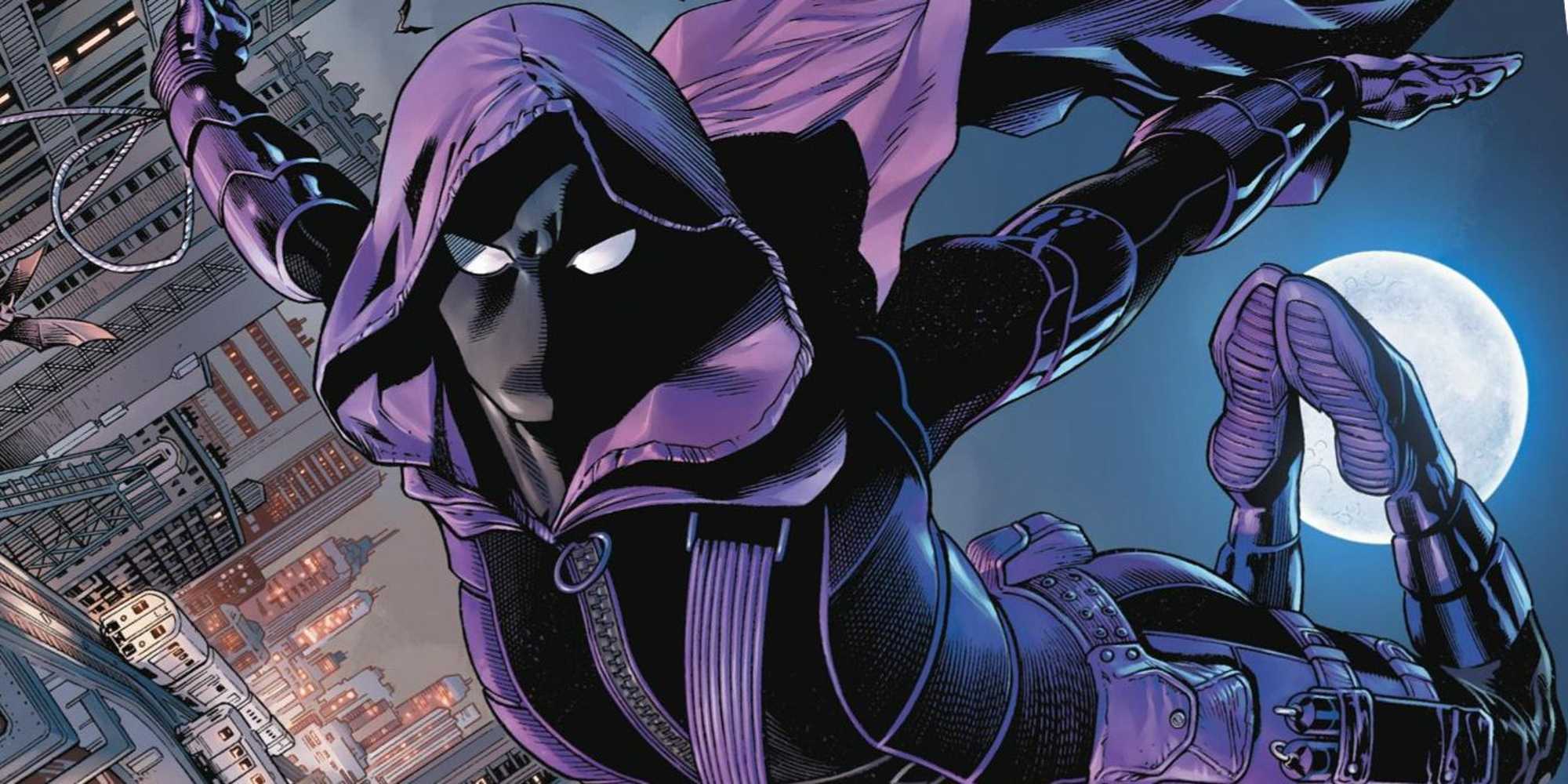 Stephanie Brown as Spoiler swinging through Gotham City in Batman comics