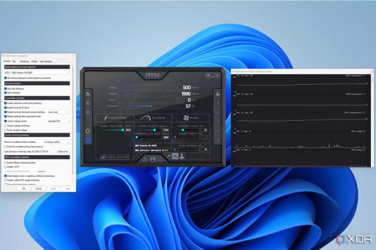 Image of MSI Afterburner with settings and hardware monitor