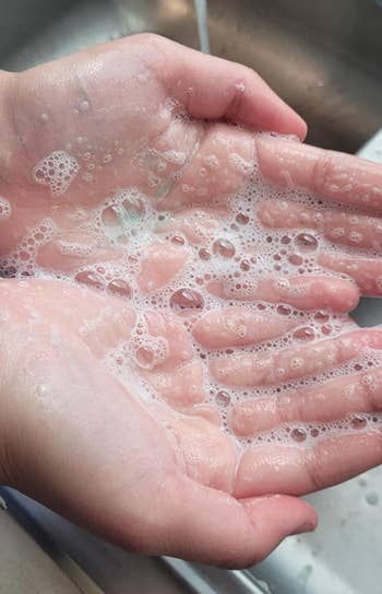 Hands cupped together with soap lather, held under running water, highlighting handwashing technique
