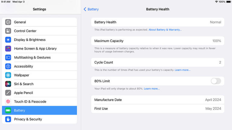 Battery Health in the iPad Settings menu