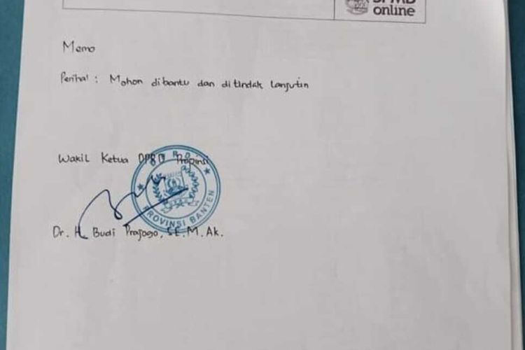 Memo Wakil Ketua DPRD Banten Budi Prajogo diduga menitipkan siswa pad SPMB tahun 2025 jenjang SMA Negeri di Kota Cilego