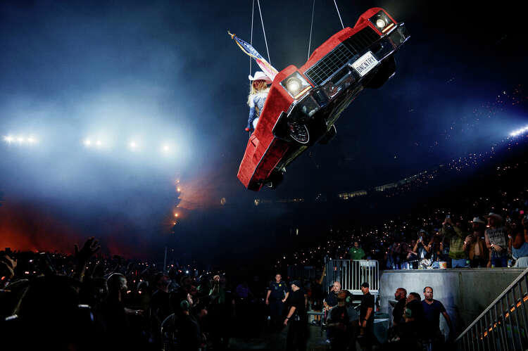 Beyoncé got stuck in the air during Saturday's Houston show when the car platform stopped moving on night 1 of the Cowboy Carter Tour. (Julian Dakdouk)