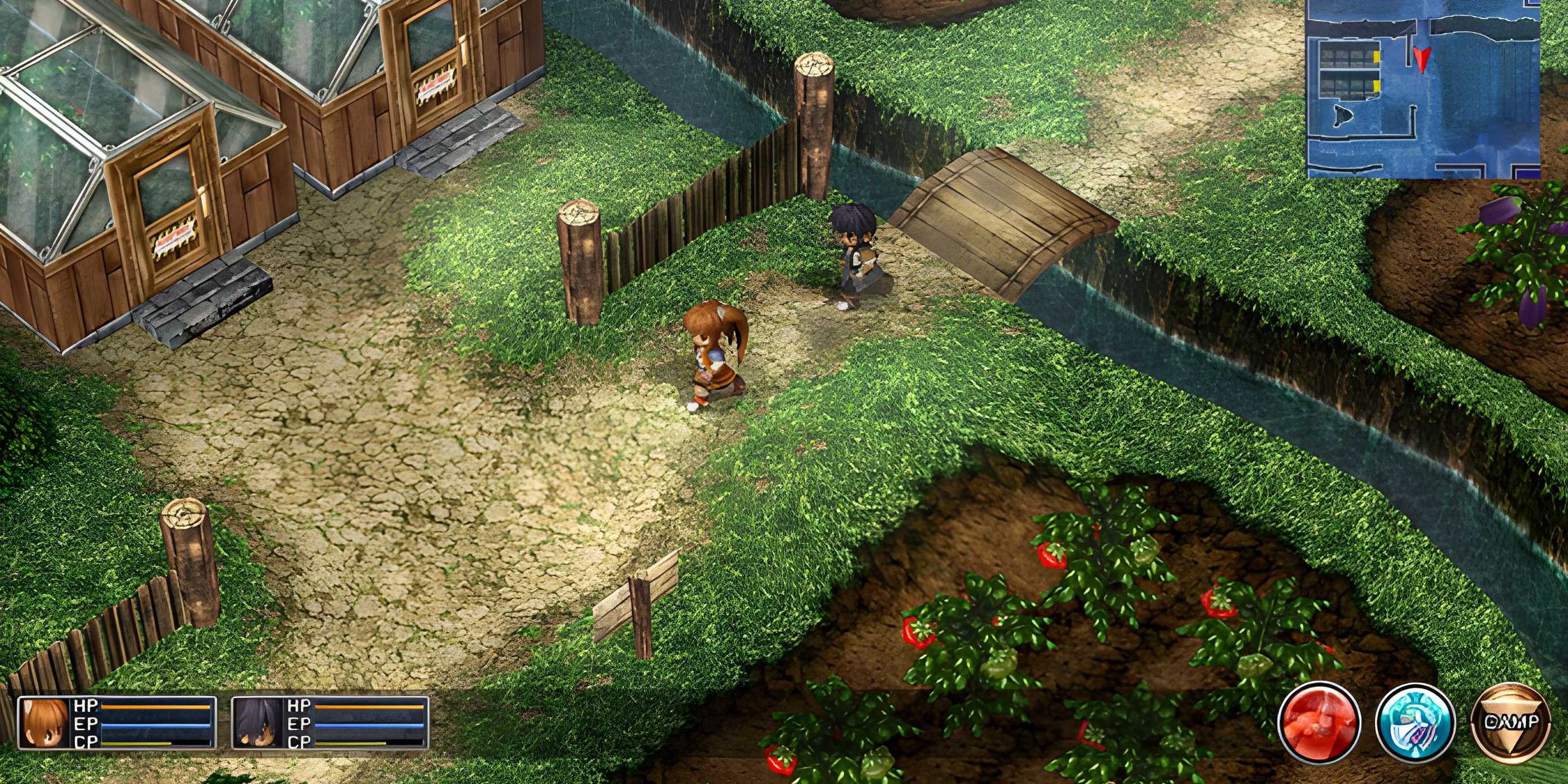 Two characters walking through a town in Trails in the Sky.