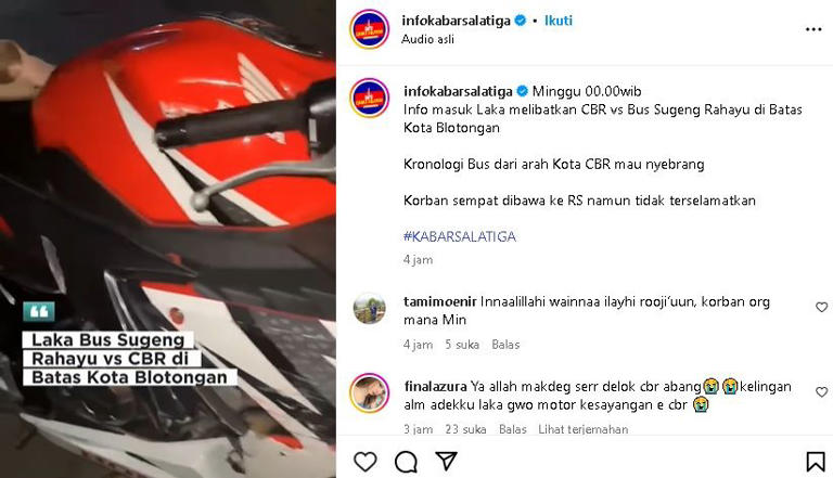 Honda CBR150R tersambar si Sugeng Rahayu di Salatiga. Pemotor berakhir meregang nyawa