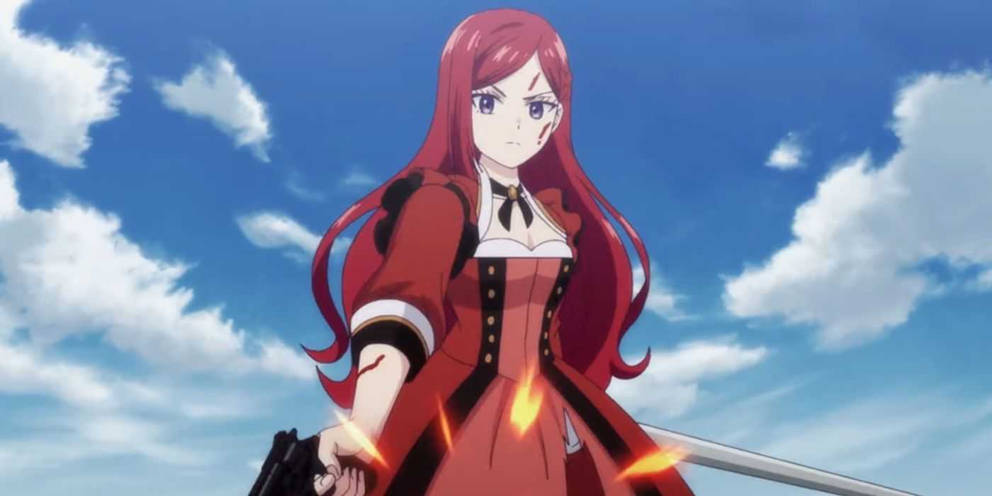 Pride has a gun in one hand and a sword in the other while scowling as she readies herself to fight in The Most Heretical Last Boss Queen: From Villainess to Savior.