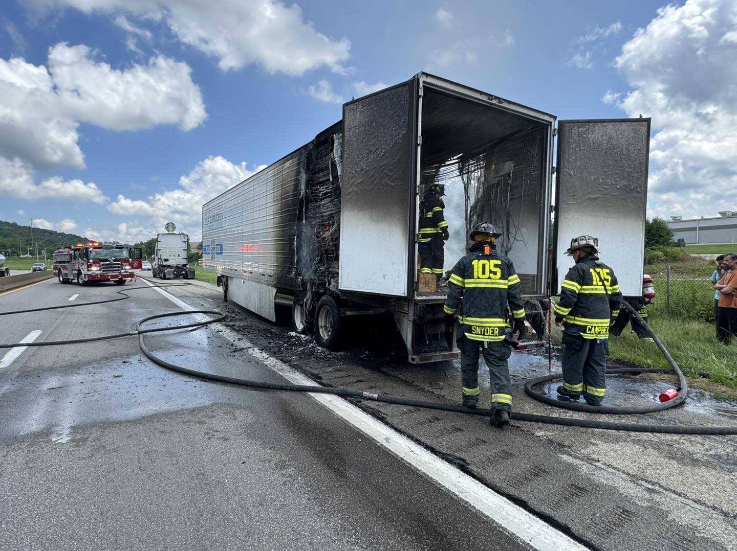 Tractor-trailer damaged after catching fire along I-70