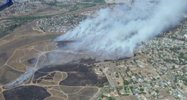 An aerial shot of the Mandalay Fire burning in Riverside on June 29, 2025. KCAL News