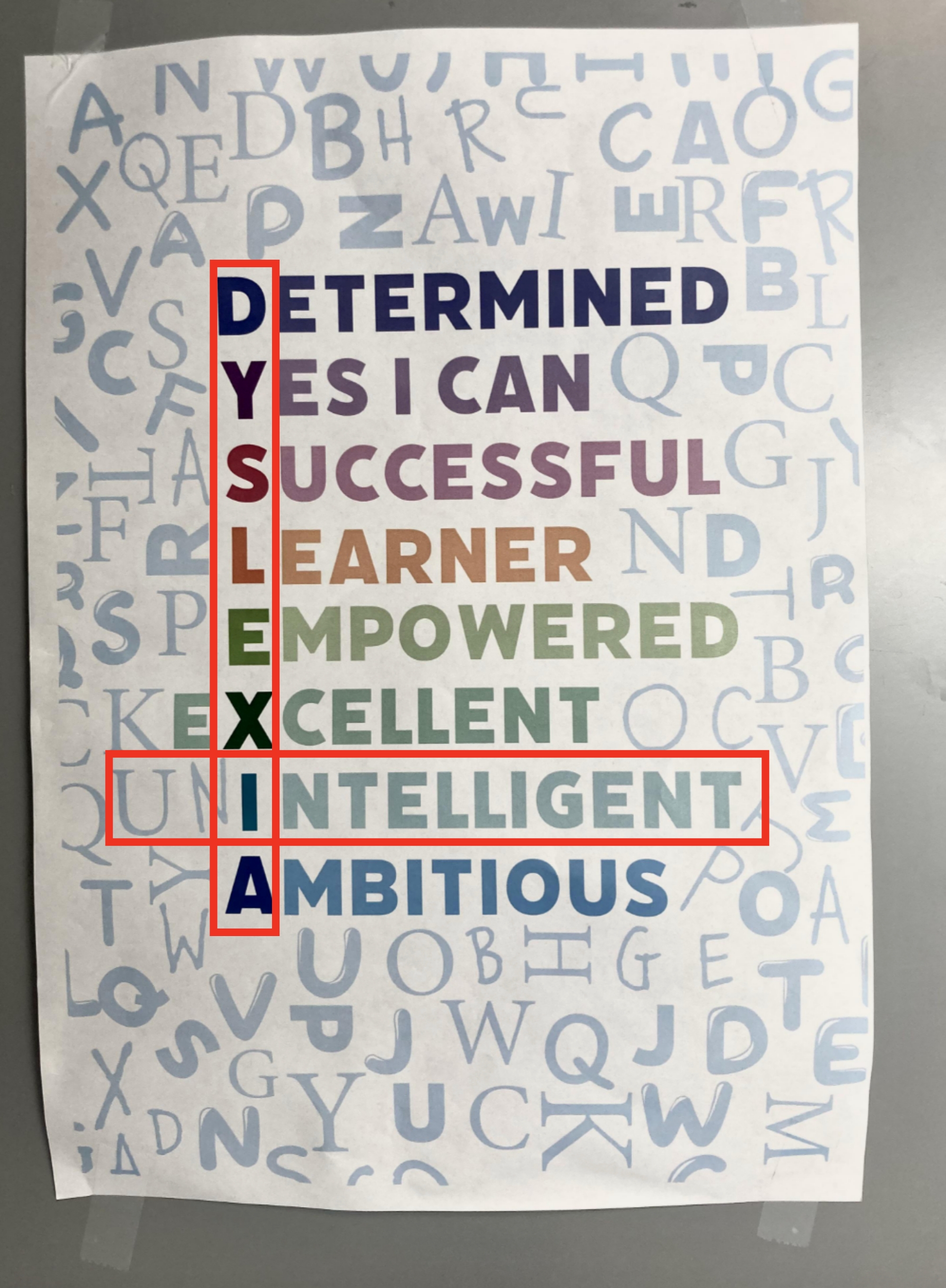 Poster with the words: Determined, Yes, Successful, Learner, Empowered, Excellent, Intelligent, Ambitious, each highlighted vertically