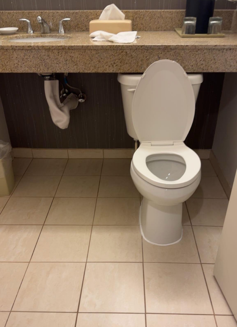 Bathroom with a toilet and a sink, both with smooth surfaces. A tissue box and soap dispensers are on the countertop