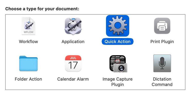Automator prompt for choosing a document type on a Mac.