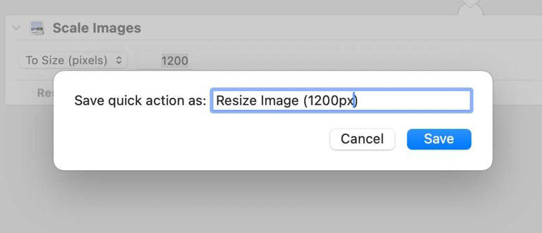 Naming a Quick Action in the macOS Automator app.