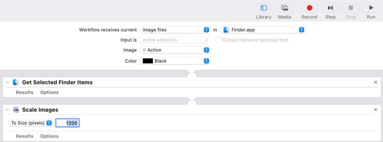 Adding and configuring the Scale Images to the workflow in Automator.