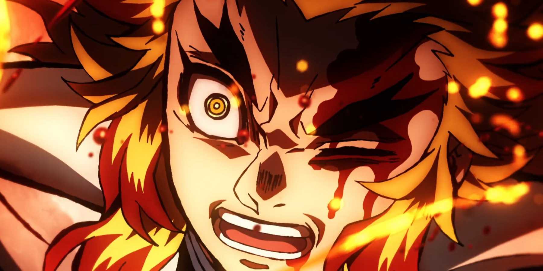 Kyojuro Rengoku looks intense in flames.