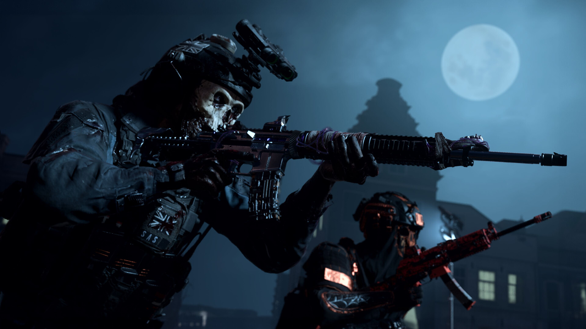 Ghost and an ally move forwards, guns up, in Call Of Duty Modern Warfare 2 – behind them is the moon at night