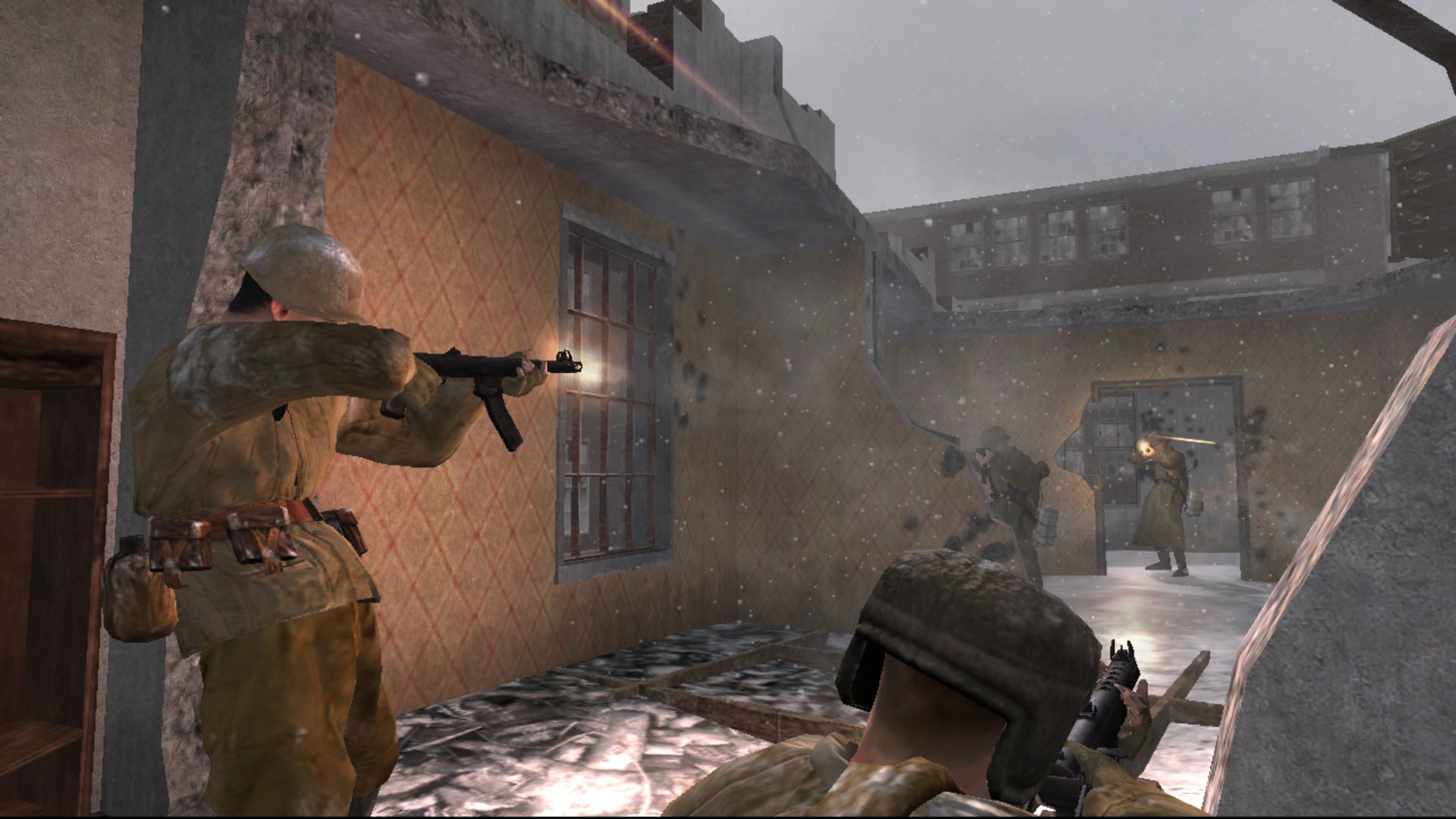 Call of Duty 2 screenshot of the Tankhunt map showing soldiers firing at enemies in a rundown building