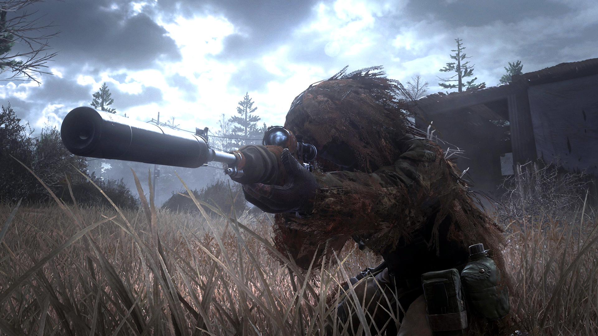 A ghillied up sniper in Call of Duty 4: Modern Warfare