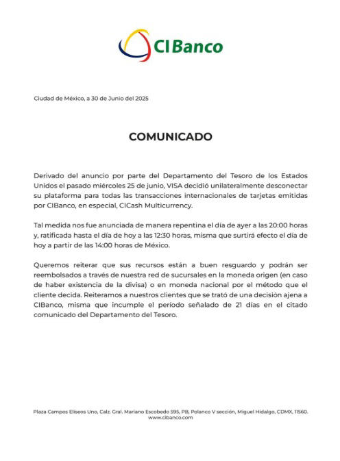 VISA bloquea transacciones internacionales de tarjetas CIBanco