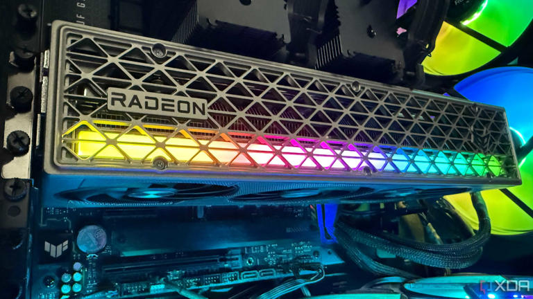 A photo of a Radeon RX 9070 XT graphics card installed in a PC build