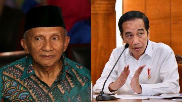 AMIEN DAN JOKOWI - Ketua Majelis Syura Partai Ummat, Amien Rais, menuding mantan Presiden RI, Joko Widodo (Jokowi), menjadi otak dari teror penembakan yang dialaminya pada tahun 2014 lalu. Dia menyebut Jokowi menyuruh seseorang untuk menembak rumahnya yang berada di DI Yogyakarta. Hal ini disampaikannya di kanal YouTube pribadinya pada Kamis (27/6/2025) lalu. (KOMPAS.com Kristianto Purnomo / Biro Pers Istana Kepresidenan Agus Suparto)