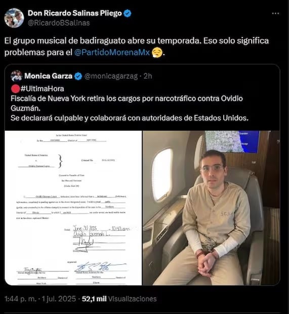 El empresario Ricardo Salinas Pliego opinó luego de que el hijo de 'El Chapo', Ovidio Guzmán, decidiera declararse culpable en los Estados Unidos. | X RicardoBSalinas