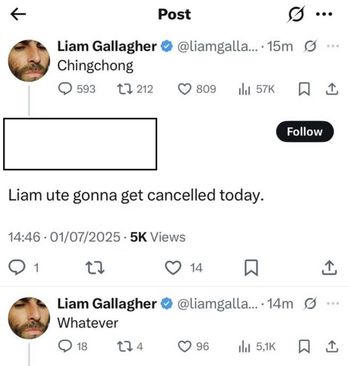 Liam Gallagher apologizes for posting slur used to mock Asians ahead of