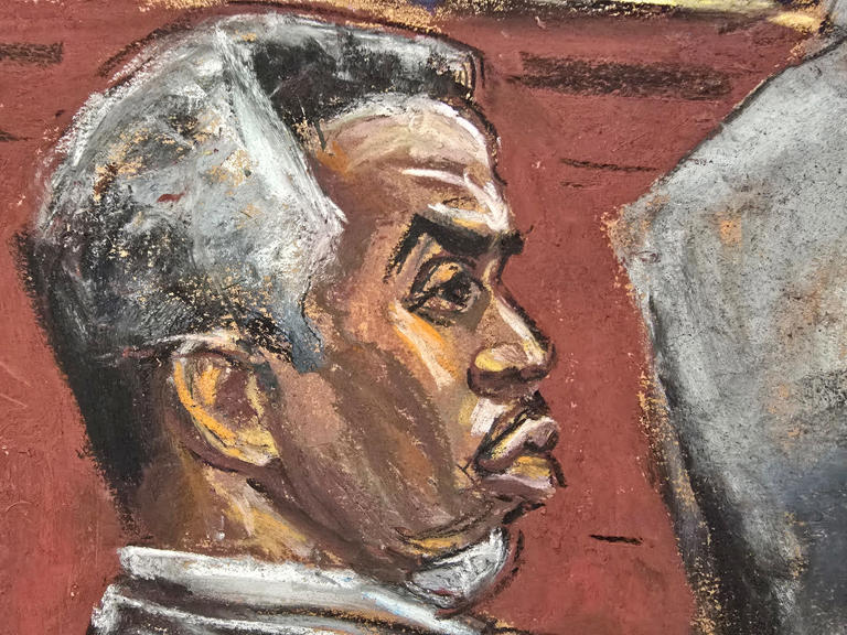 In this courtroom sketch, Sean "Diddy" Combs listens during questioning of Brendan Paul during his sex trafficking trial in New York on June 20, 2025.