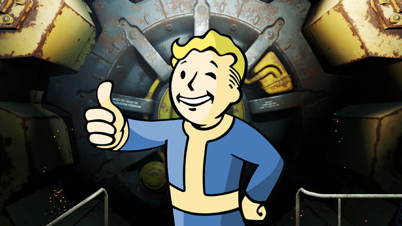 Vault Boy giving a thumbs up while in front of a Vault in Fallout 5.