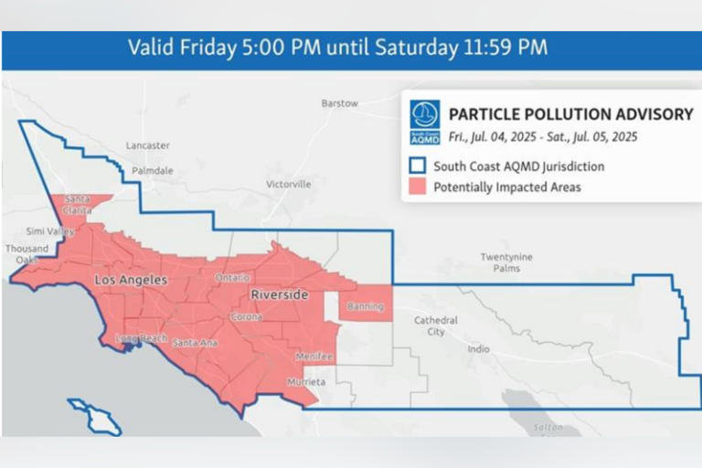 This map issued by South Coast AQMD highlights which areas are potentially impcated by the alert. South Coast AQMD