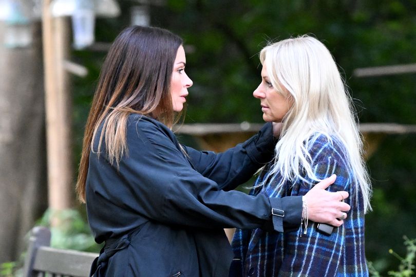 Alison King and Vicky Myers filming scenes for Coronation Street as Carla Connor and Lisa Swain