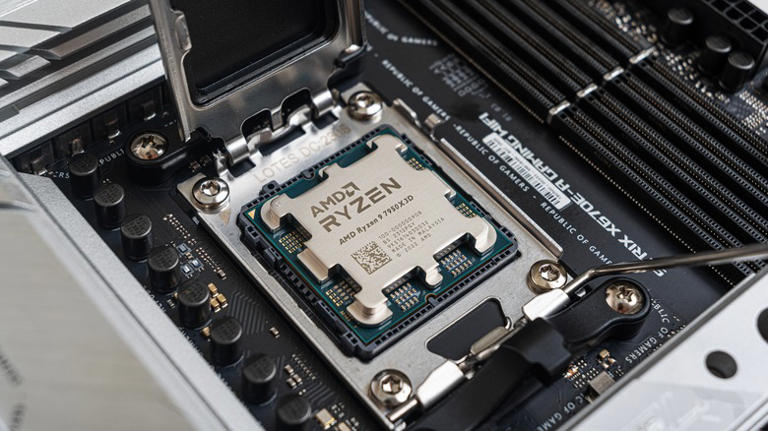 An Asus Tuf AM5 motherboard with two M.2 and three PCIe slots