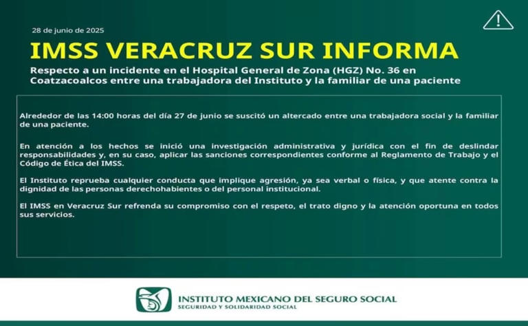 IMSS Veracruz emite comunicado por una empleada que agredió a una mujer familiar de un paciente que estaba internado en uno de sus hospitales. | @IMSS