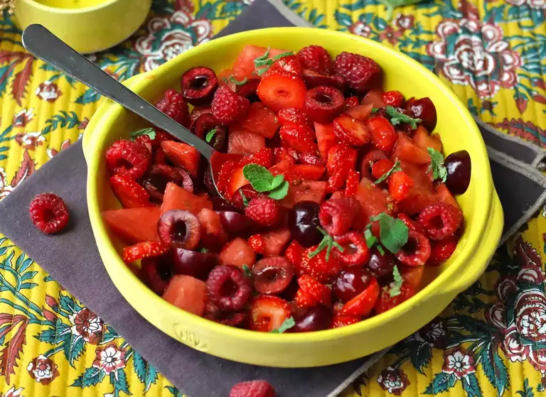 Red fruit salad: strawberry, raspberry, cherry and watermelon, perfect ...