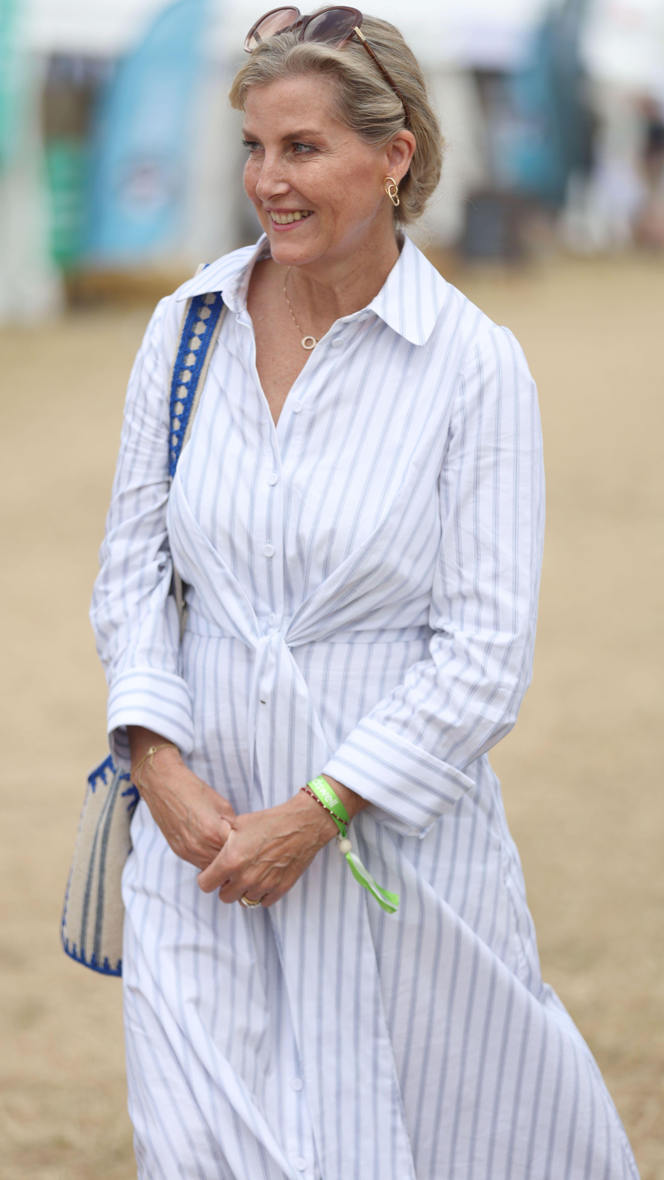 duchess sophie wows in summery blue dress and espadrille wedges Sample Dusty Blue Bardot Crepe Dress