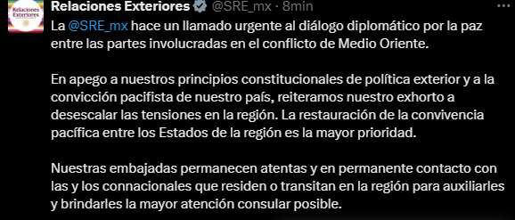 Post de la cancillería mexicana. Foto: Captura de pantalla
