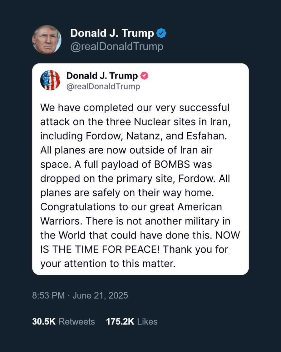 Posteo de Donald Trump sobre el bombardeo a Irán