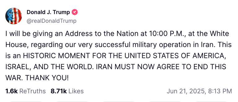 US has bombed three nuclear sites in Iran, Trump announces
